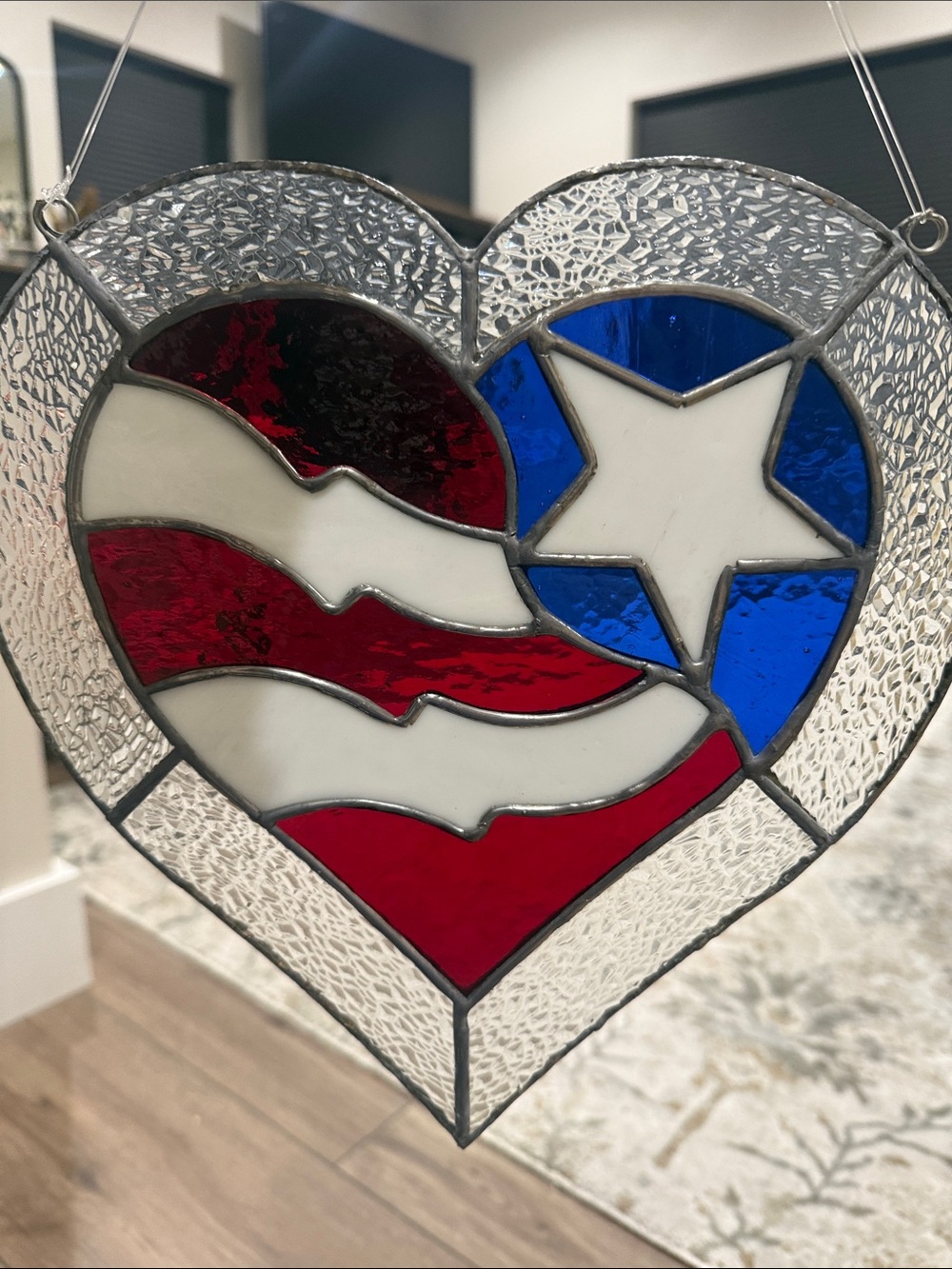 stained glass suncatcher handmade american flag heart window decor cottage 11 in